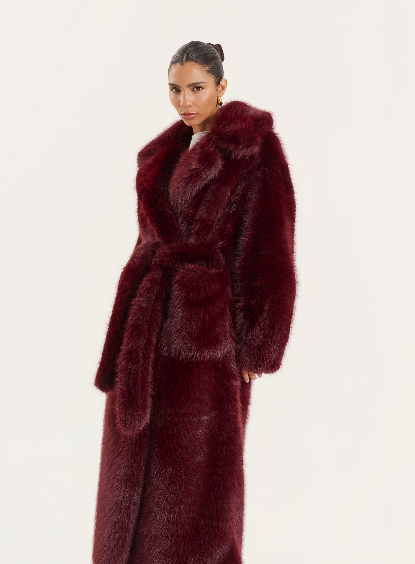 Burgundy Faux Fur Belted Longline Coat